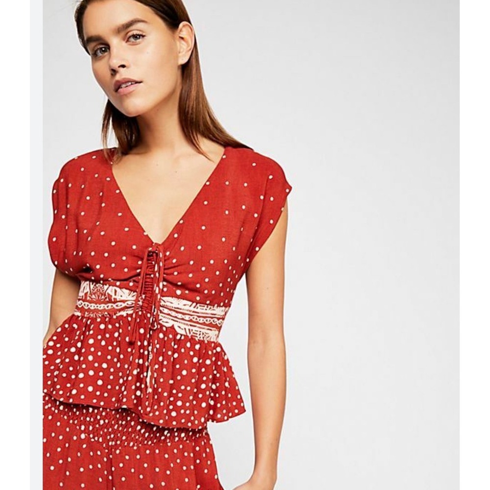 Free People Peplum Top Womens XS Rust Red Polka Dot Boho Fairy Festival Indie